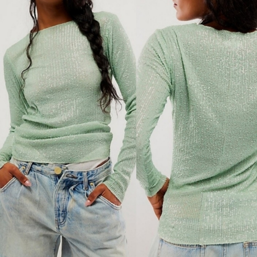 NWOT Free People Gold Rush Long Sleeve Sequin Top in Mint Size Small - Picture 2 of 10